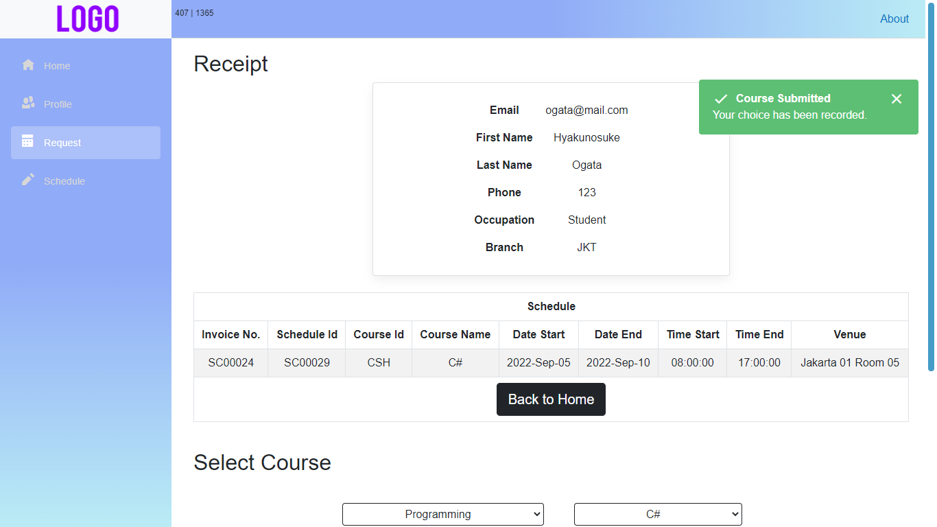 Training schedule request system C#